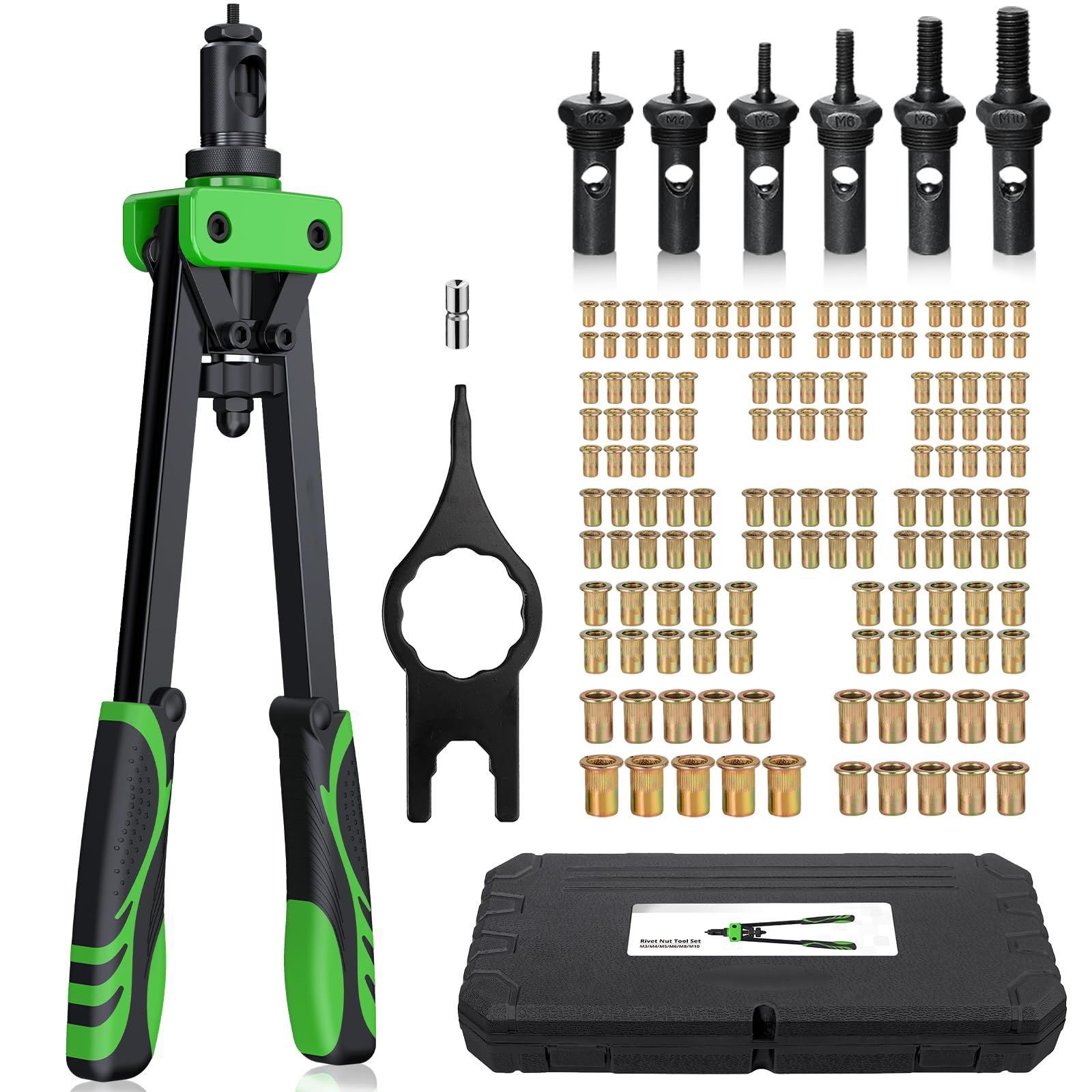 eSynic Heavy Duty Rivet Nut Gun Rivnut Tool 14 Inch Rivnut Tool Kit Pop Rivet Nut Tool Set Double Hands Riveter Nut Gun with 150pcs Nuts Include M3/4/5/6/8/10 Rivet Nut Tools to Make Your Work Easier