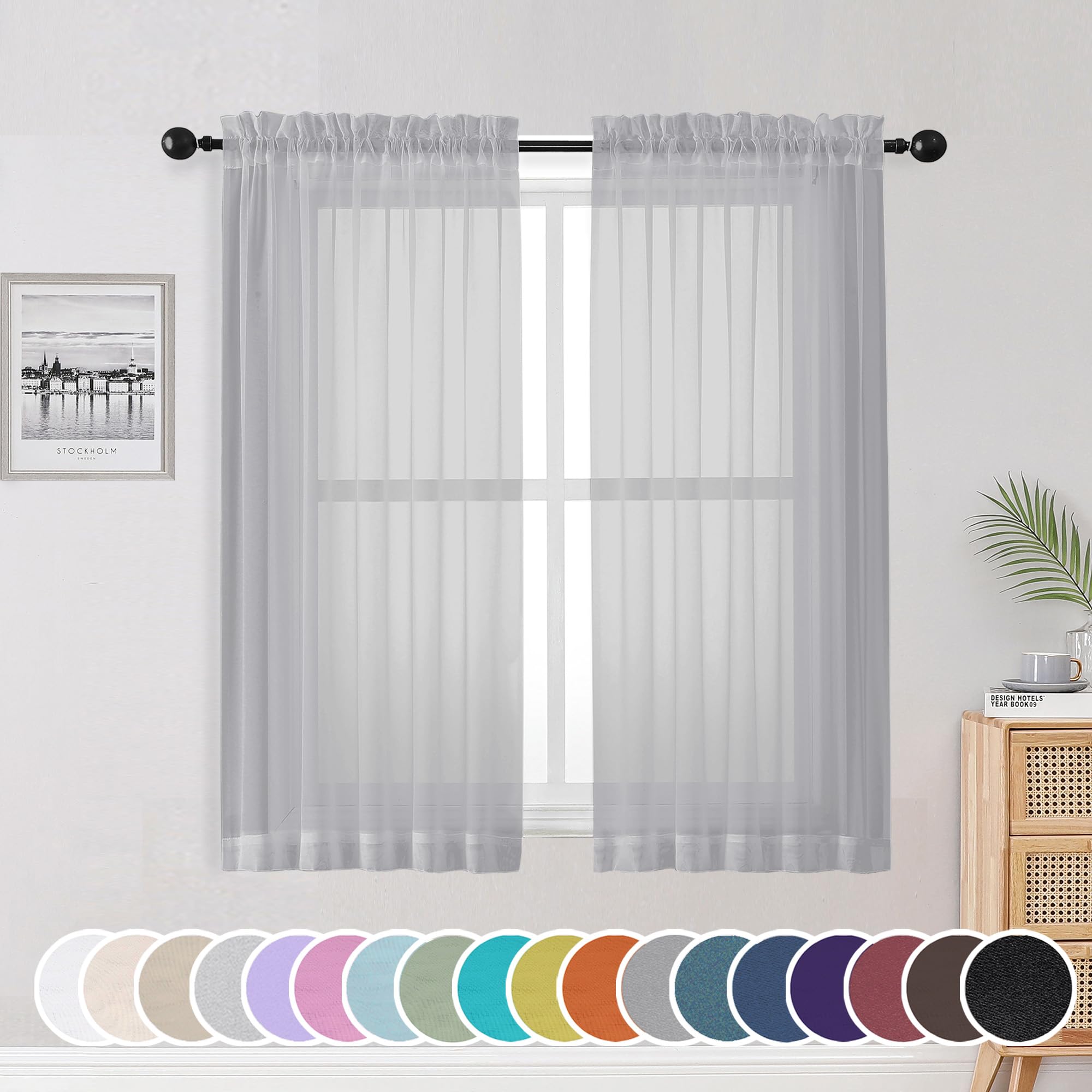 Photo 1 of OWENIE Light Grey Sheer Curtains 54 Inch Length for Living Room Bedroom 2 Panels Set, Elegant Rod Pocket Airy Solid Curtains for Small Window, Soft Breathable Dining Room Curtains, 42Wx54L inch