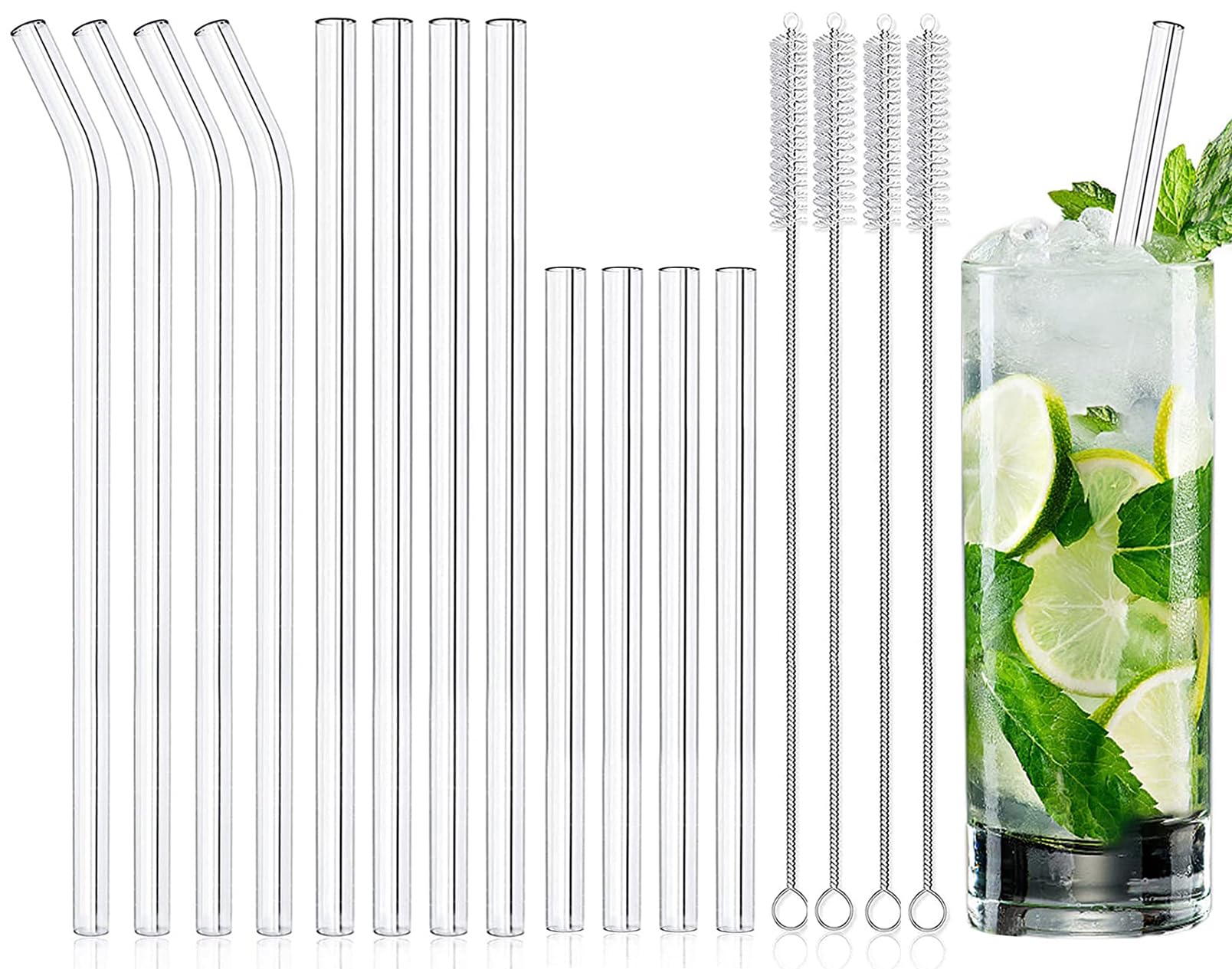 Reusable Glass Straws Pack of 16 - 4 Long Straight + 4 Long Curved Straws Glass 21.5 cm + 4 Short + 4 Cleaning Brushes, Suitable for Bubble Tea, Juices, Slush, Cocktail