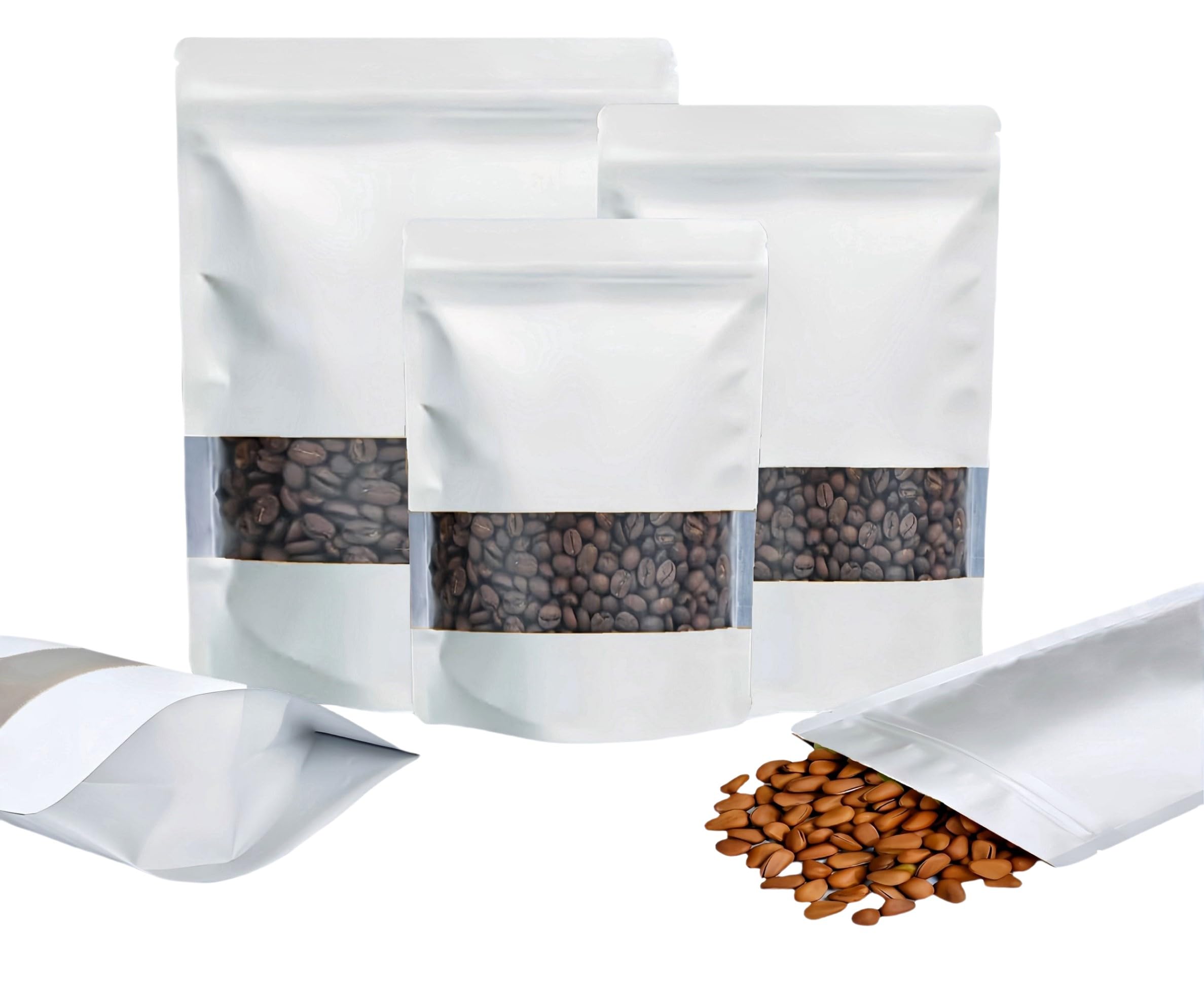 Rimiko 50pcs Resealable Stand up Foil Pouches with Clear Window, Zipper Aluminum Ziplock Bags, Mylar Bags for Food Storage, Colorful Matte Packaging for Candy Coffee Beans (White, 5.9"x 8.7")