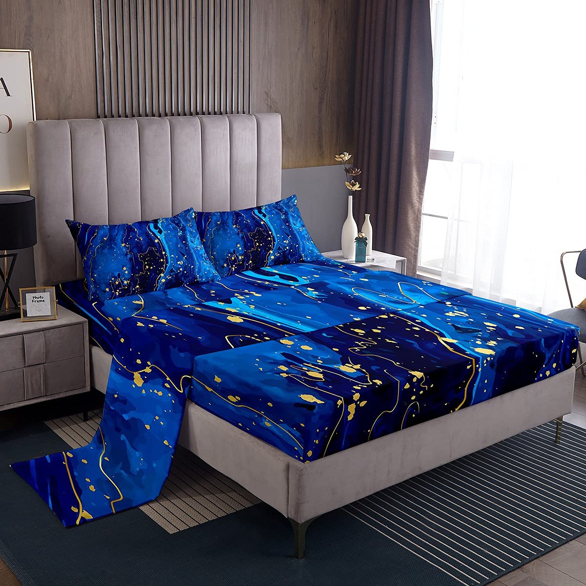 Loussiesd Marble Bed Sheet Set Navy Blue Marble Sheets 100% Microfiber Super Soft Lightweight Deep Pockets 1 Fitted Sheet, 1 Flat Sheet, 2 Pillow Cases - 4 Piece Bedding (Double, Navy Blue) — image 1