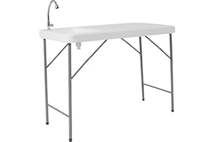 Flash Furniture Wesley 4' Portable Fish Cleaning Table with Sink, Outdoor Portable Folding Camping Sink Table with Faucet, and Hose Attachment, White