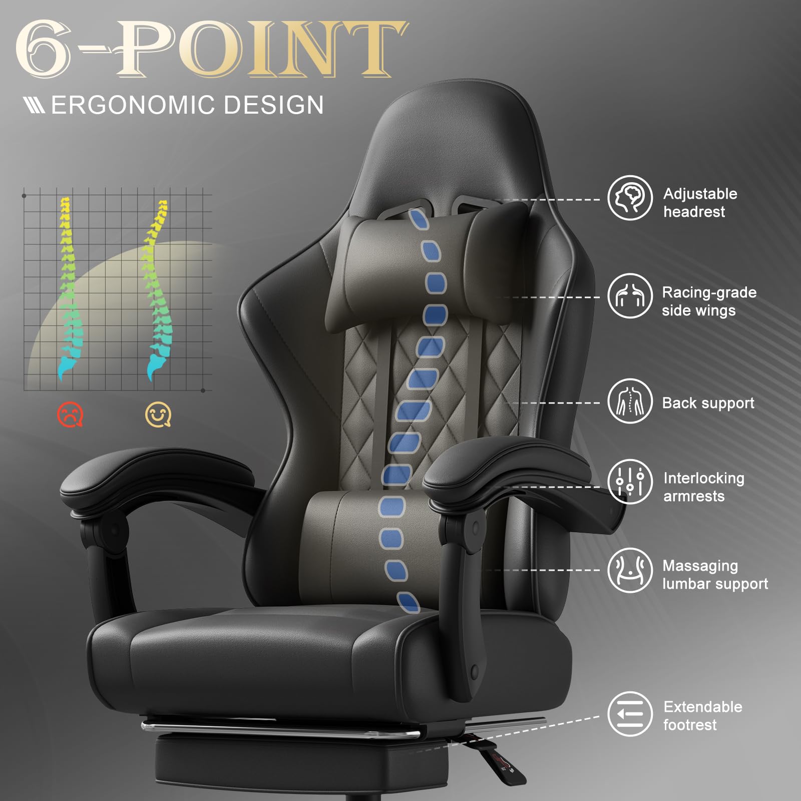 Triumphkey Gaming Chair For Adults With Footrest, Ergonomic Computer Chair With Massage Lumbar Support, Reclining Backrest, Swivel Office Gamer Chair With Headrest, Black - View 5