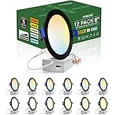 zouzai 12 Pack 6 Inch Black 5CCT Reset LED Recessed Ceiling Light with Junction Box, 2700K/3000K/3500K/4000K/5000K Selectable, 12W Eqv 110W,Dimmable, led can Lights- ETL and Energy Star Certified