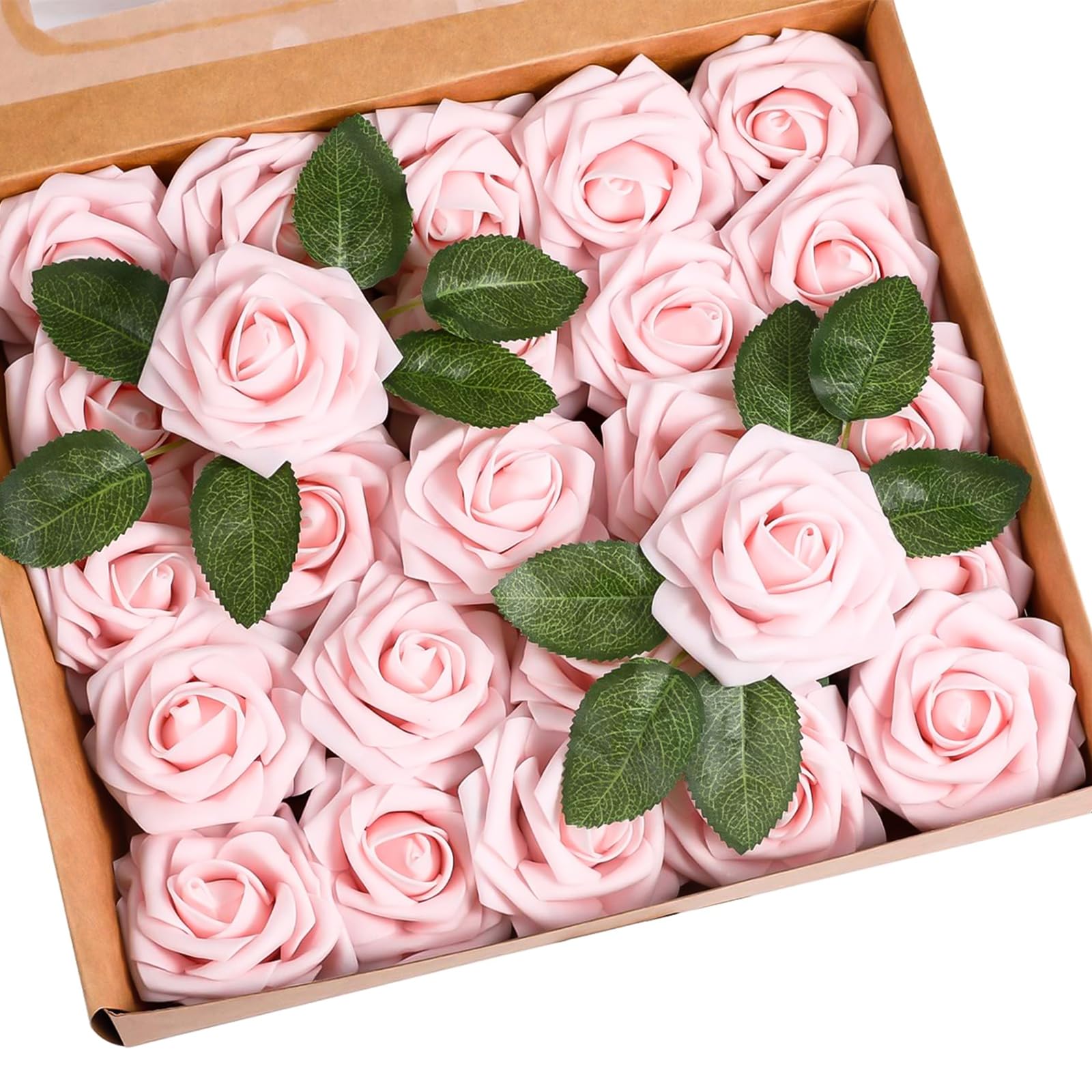 Garlag Artificial Flowers Roses, 25Pcs Real Touch Foam Roses with Stems for Wedding Bridal Bouquet, Mother's Day, Home Decoration, Valentine's Day, Anniversary (Pale Pink)