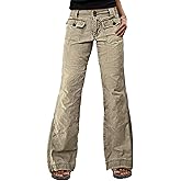 Flamingals Straight Leg Mid Waist Seam Front Solid Flap Pocket Pants for Women