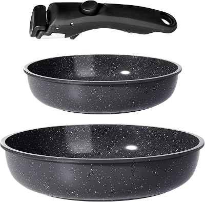 Conjunto de Panelas e Frigideiras Cerâmicas Antiaderentes - Conjunto de Cozinha com Pegas Destacáveis, Não Tóxico, Adequado para Indução, Forno e Máquina de Lavar Loiça (Preto 3PCS)