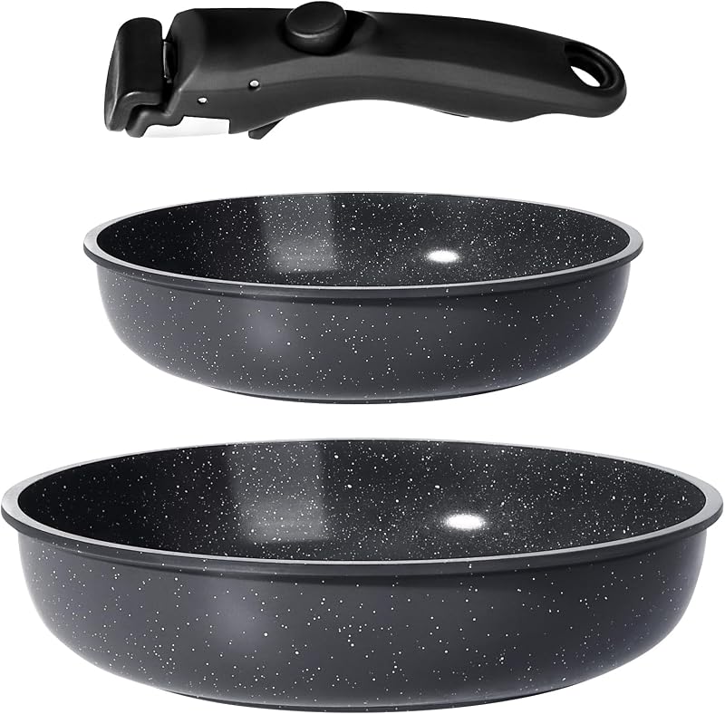 Juego de Ollas y Sartenes Cerámicas Antiadherente - Juego de Cocina con Mangos Desmontables, No Tóxico, Apto para Inducción, Horno y Lavavajillas(Negro 3PCS)