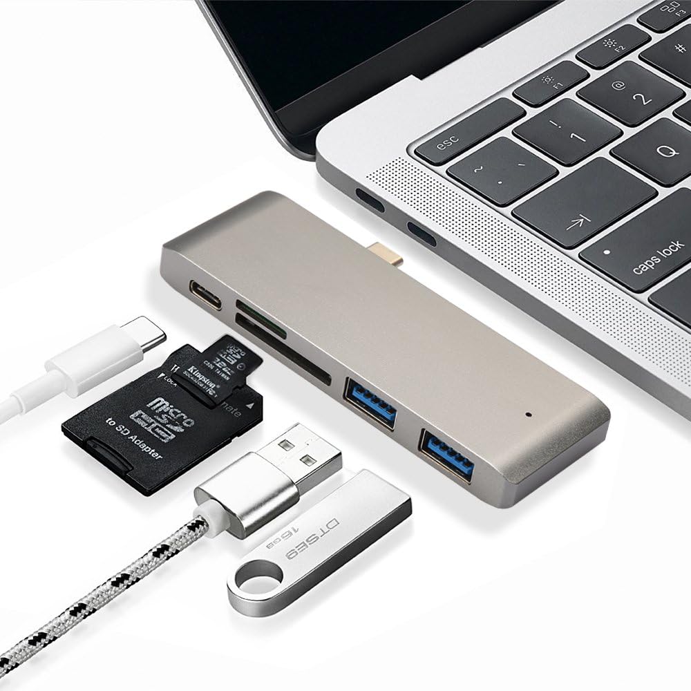 USB C Hub, FIESAND 5 in 1 Type C Adapter with Power Type C Charging Port, 2 USB 3.0 Ports and SD/Micro SD Card Reader for MacBook Pro2015/2016/2017/Google Chromebook and More Type C Devices