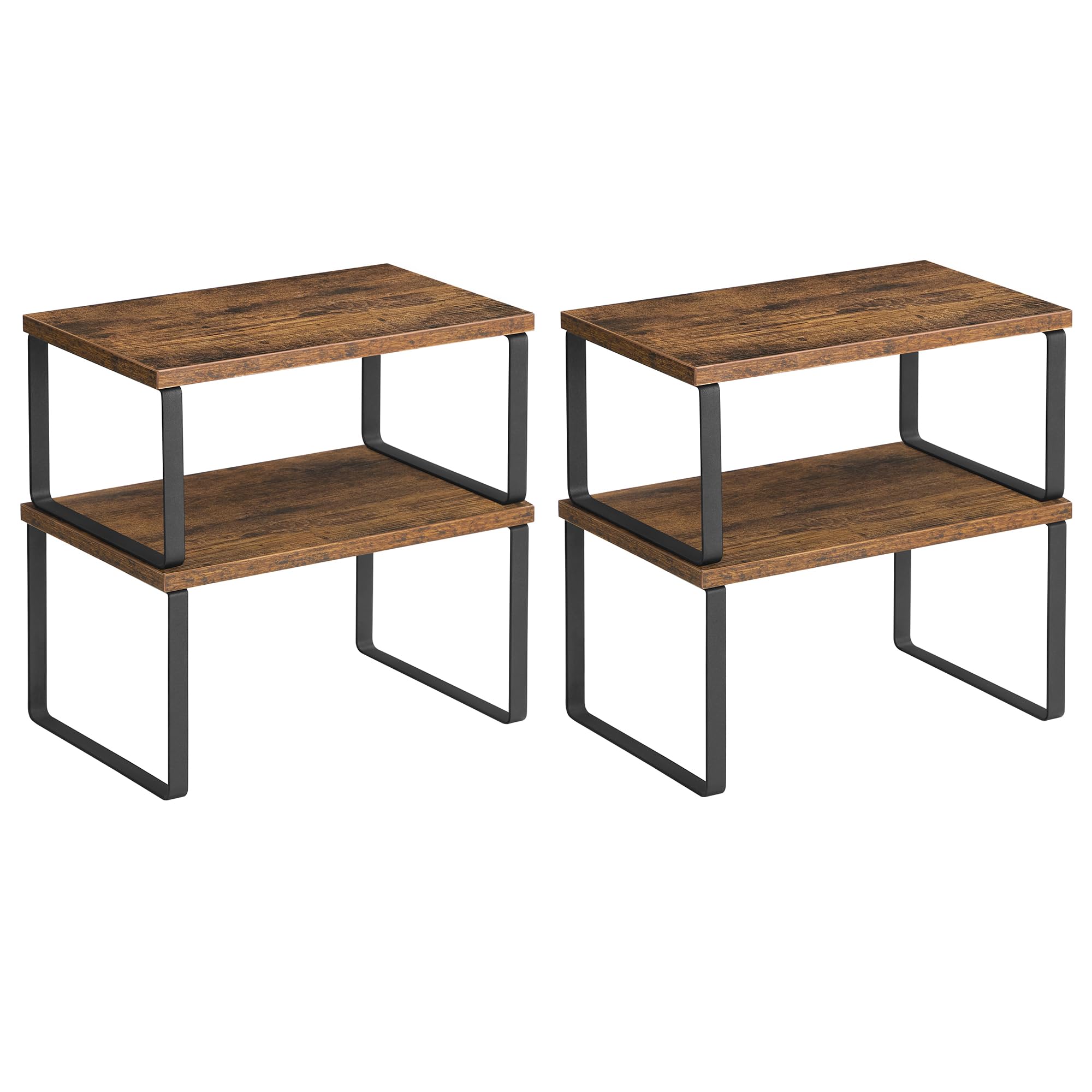 SONGMICS Kitchen Cupboard Organisers, Set of 4 Counter Storage Shelves, Stackable, Expandable Spice Racks, Metal and Engineered Wood, Black and Rustic Brown KCS021X01