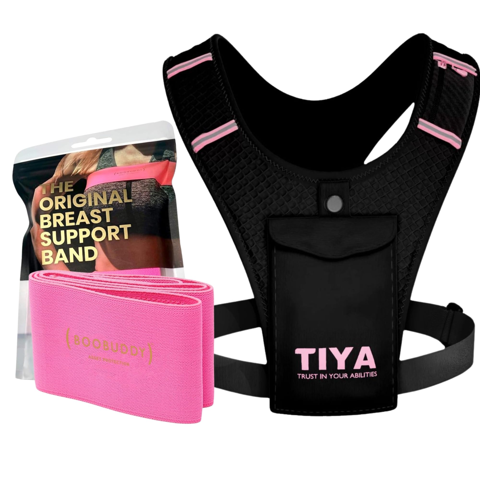 TIYA Women's Running Vest + Boobuddy Breast Support Band - Zero Bounce Runners Accessory Set - 100% Waterproof Phone Holder Pouch & High Impact Compression Chest Strap (Black/Pink), Small