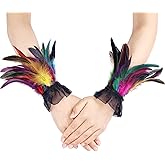 MAOFENG Women's Gothic Lace Feather Gloves Feather Arm Sleeve Wristband Mesh Cuff Cosplay Halloween Costume Accessories
