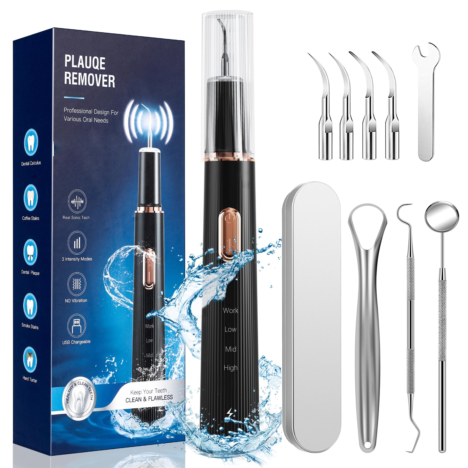 Photo 1 of **MISSING CHARGER AND REPLACEABLE HEADS** Plaque Remover for Teeth, Tartar Remover for Teeth Cleaning with 4 Replaceable Heads and 3 Adjustable Modes, Rechargeable Teeth Cleaning Plaque Remover for Home