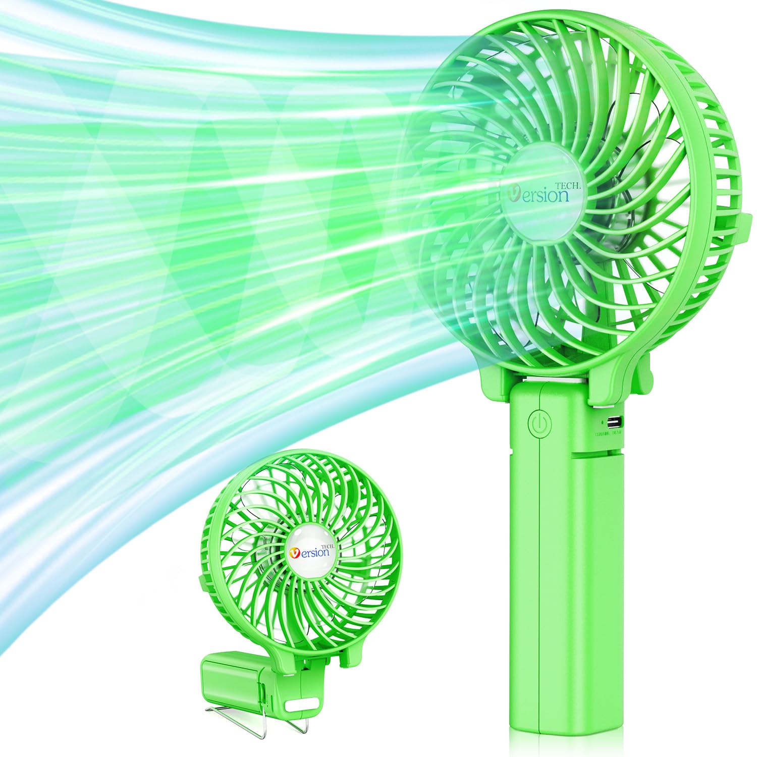 VersionTech Hand Held Fan Portable Handheld USB Rechargeable Fan Battery Operated Electric Powered Mini Fan Foldable Desk Fans for Home Office Ceiling Travel Ceiling (3 Speeds,Green)