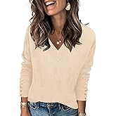 AKEWEI Womens V Neck Sweaters Long Sleeve Lightweight Knit Pullover Tops with Decorative Buttons