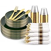 KIRE 175PCS Green Plastic Plates with Gold Rim - Heavy Duty Green Plates Disposable Include 50 Plastic Plate, 25Pre Rolled Napkins 25 Cups For St. Patrick's Day/Party/Wedding