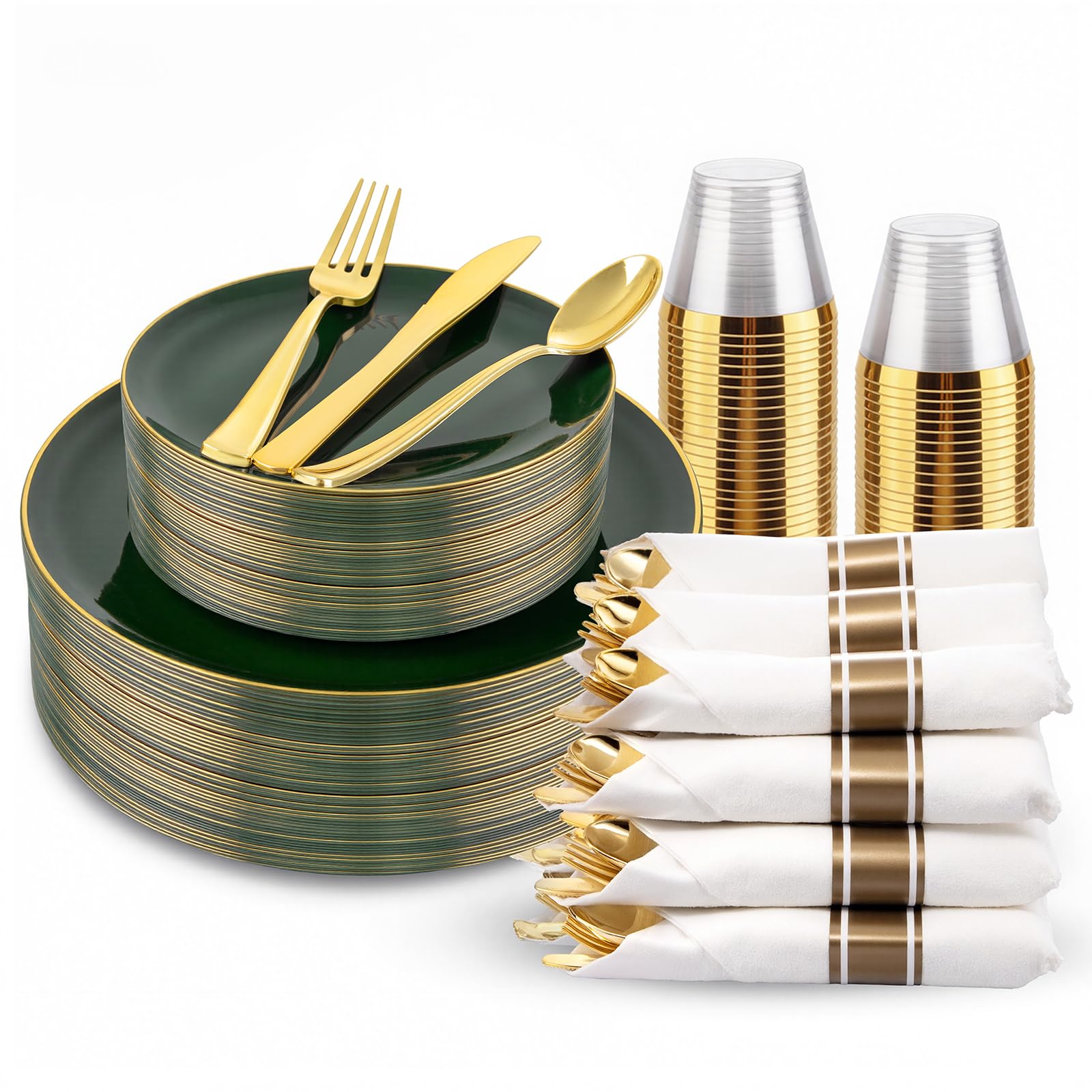 Photo 1 of KIRE 175PCS Green Plastic Plates with Gold Rim - Heavy Duty Green Plates Disposable Include 50 Fancy Plastic Plate, 25Pre Rolled Napkins 25 Cups For Party/Wedding/Spring