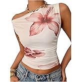 Milumia Women Floral One Off Shoulder Ruched Crop Tops Sleeveless Asymmetrical Neck Tank Top