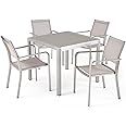 Great Deal Furniture Annabelle Outdoor Modern 4 Seater Aluminum Dining Set with Tempered Glass Table Top, Silver and Taupe