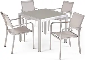 Great Deal Furniture Annabelle Outdoor Modern 4 Seater Aluminum Dining Set with Tempered Glass Table Top, Silver and Taupe