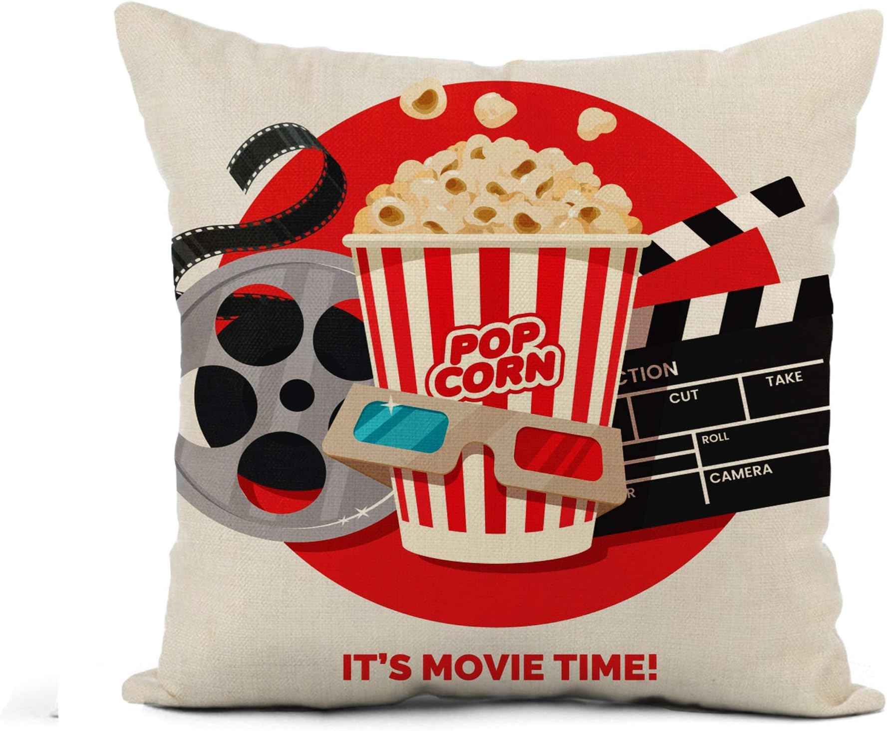 Awowee Flax Throw Pillow Cover Movie Time Cinema on Red Round Composition Popcorn Clapperboard 16x16 Inches Pillowcase Home Decor Square Cotton Linen Pillow Case Cushion Cover