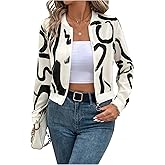 OYOANGLE Women's Printed Zip Up Bomber Jacket Long Sleeve Baseball Collar Crop Coat Outerwear
