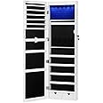 SONGMICS 6 LEDs Mirror Jewelry Cabinet, 47.2"H Lockable Wall/Door Mounted Jewelry Armoire Organizer with Mirror, 2 Drawers, W