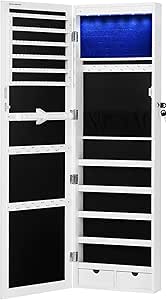 SONGMICS 6 LEDs Mirror Jewelry Cabinet, 47.2"H Lockable Wall/Door Mounted Jewelry Armoire Organizer with Mirror, 2 Drawers, White UJJC93W