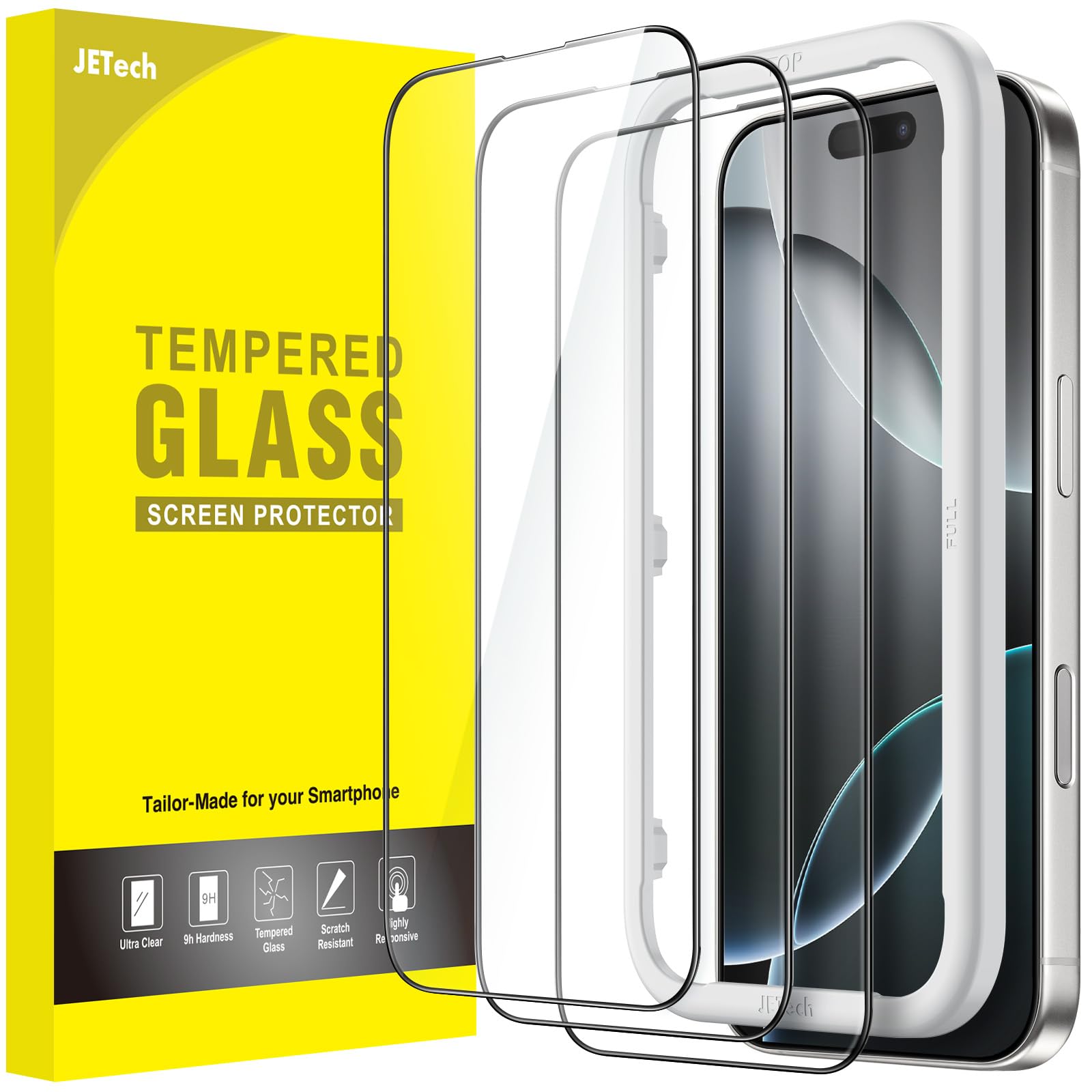 Photo 1 of JETech Full Coverage Screen Protector for iPhone 16 Pro 6.3-Inch, Black Edge Tempered Glass Film with Easy Installation Tool, Case-Friendly, HD Clear, 3-Pack