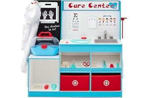 Best Choice Products Pretend Play Doctor's Office, Wooden Medical Center Toy Set for Kids w/Carrying Case, All Accessories Included, Height Measurer, 2-Piece Costume - Blue