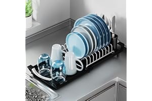 Small Expandable Dish Drying Rack, Compact Dish Drainer, Stainless Steel Dish Rack with Cutlery Holder, Rust-Proof Plate Rack