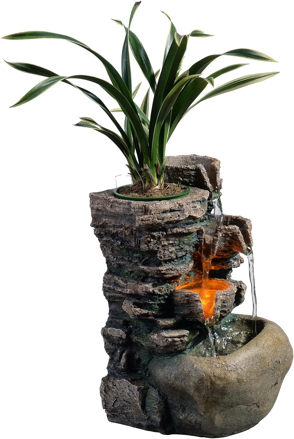 Indoor Fountains & Accessories - Haobos Indoor 3-Tier Relaxation Tabletop Fountain, Automatic Pump with Power Switch, Natural River Rocks and Reflective Lighting Feature, EnviraScape Silver Springs
