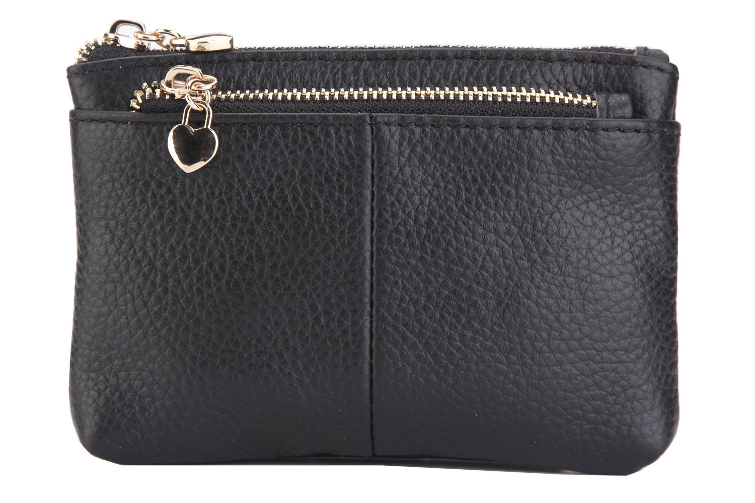 Women Genuine Leather Zip Mini Coin Purse with Key Ring Triple Zipper Card Holder Wallet (Black)
