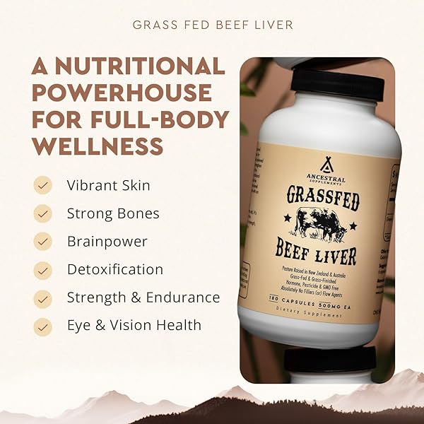 ANCESTRAL SUPPLEMENTS GRASS FED BEEF LIVER 180 CAPSULES, SUPPORTS ENERGY PRODUCTION, DETOXIFICATION, DIGESTION, IMMUNITY AND FULL BODY WELLNESS, NON-GMO, FREEZE DRIED LIVER HEALTH SUPPLEMENT