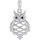 Jewels By Lux Sterling Silver Womens Black White Cubic-Zirconia Owl Bird Wildlife Charm Pendant