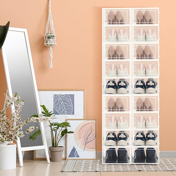 CROBLISSFUL 24 PACK LARGE SHOE STORAGE BOX FIT SIZE 10 SOFT PLASTIC CLOSET CLEAR SHOE ORGANIZER WITH LIDS, DETACHABLE STACKABLE CONNECTABLE HORIZONTALLY VERTICALLY FOLDABLE SNEAKER STORAGE BIN