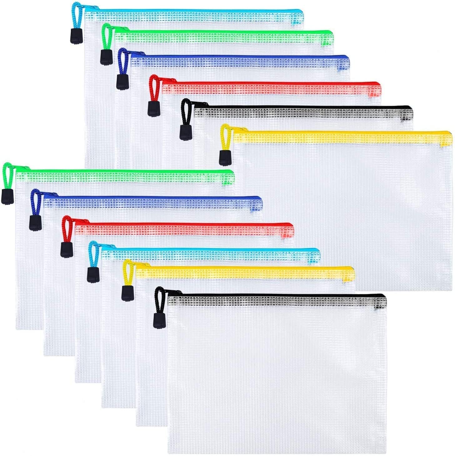12Pcs A5 Plastic Wallets,yeestone Zip Lock Mesh Document Bag Clear Pencil Cases File Folder Organiser for Shcool,Stationary,Office Supplies,Paperwork,Receipts Storage Pouch