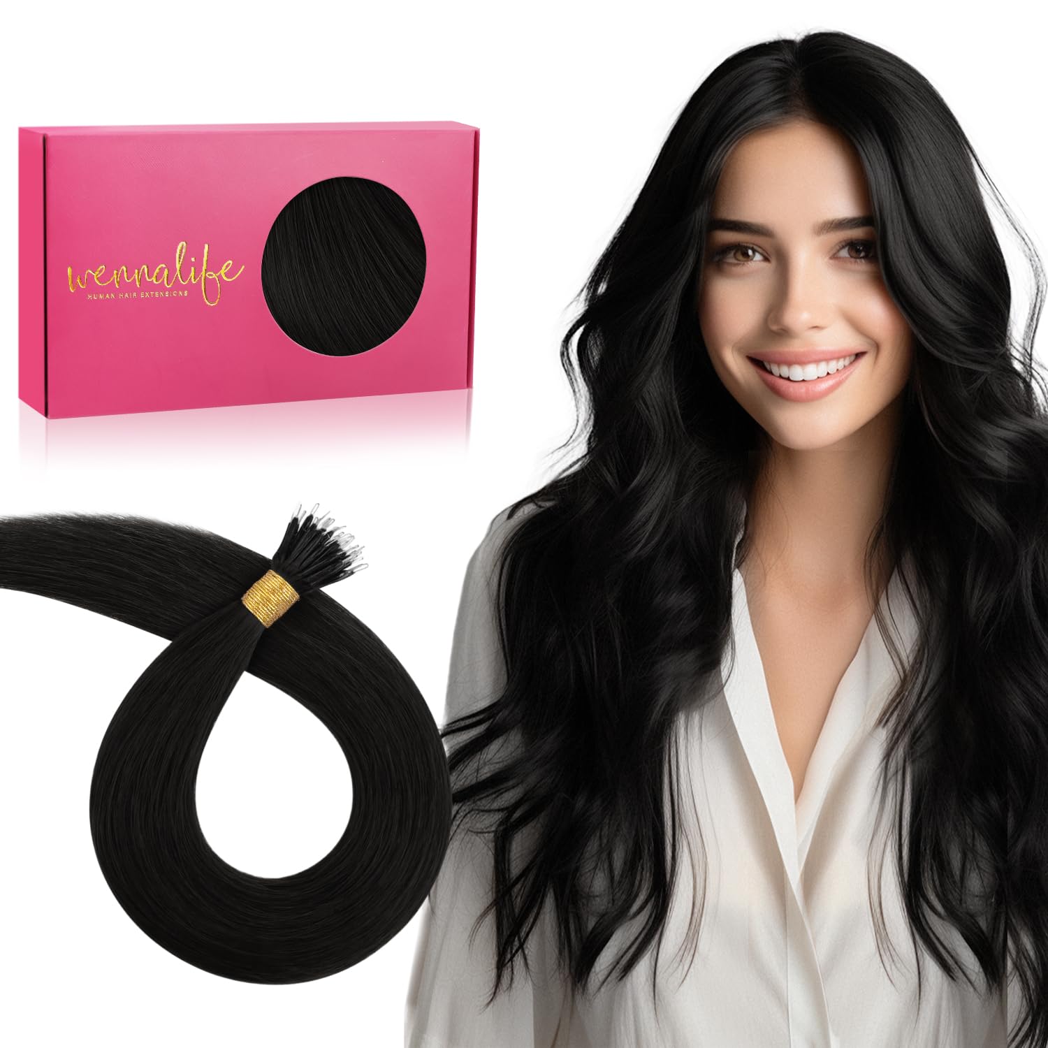 WENNALIFE Nano Hair Extensions Real Human Hair, 14 Inch 50g 100s Jet Black Nano Beads Hair Extensions Invisible Nano Ring Real Hair Extensions for Women