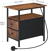 HOOBRO Narrow Bedside Table with Charging Station Set of 2 Rustic Brown Black view 3