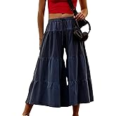 Hooever Women Wide Leg Tracking Pants Flowy Drawstring Waist Ruffle Hem Capris Bloomer Trousers(Blue-M)