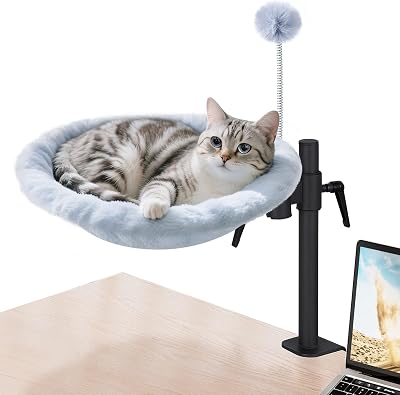 Lit de Bureau pour Chat - Rotation à 360° réglable en Hauteur - Hamac pour Chat d'intérieur avec Maille et Tissus lavables en Peluche (Blanc)