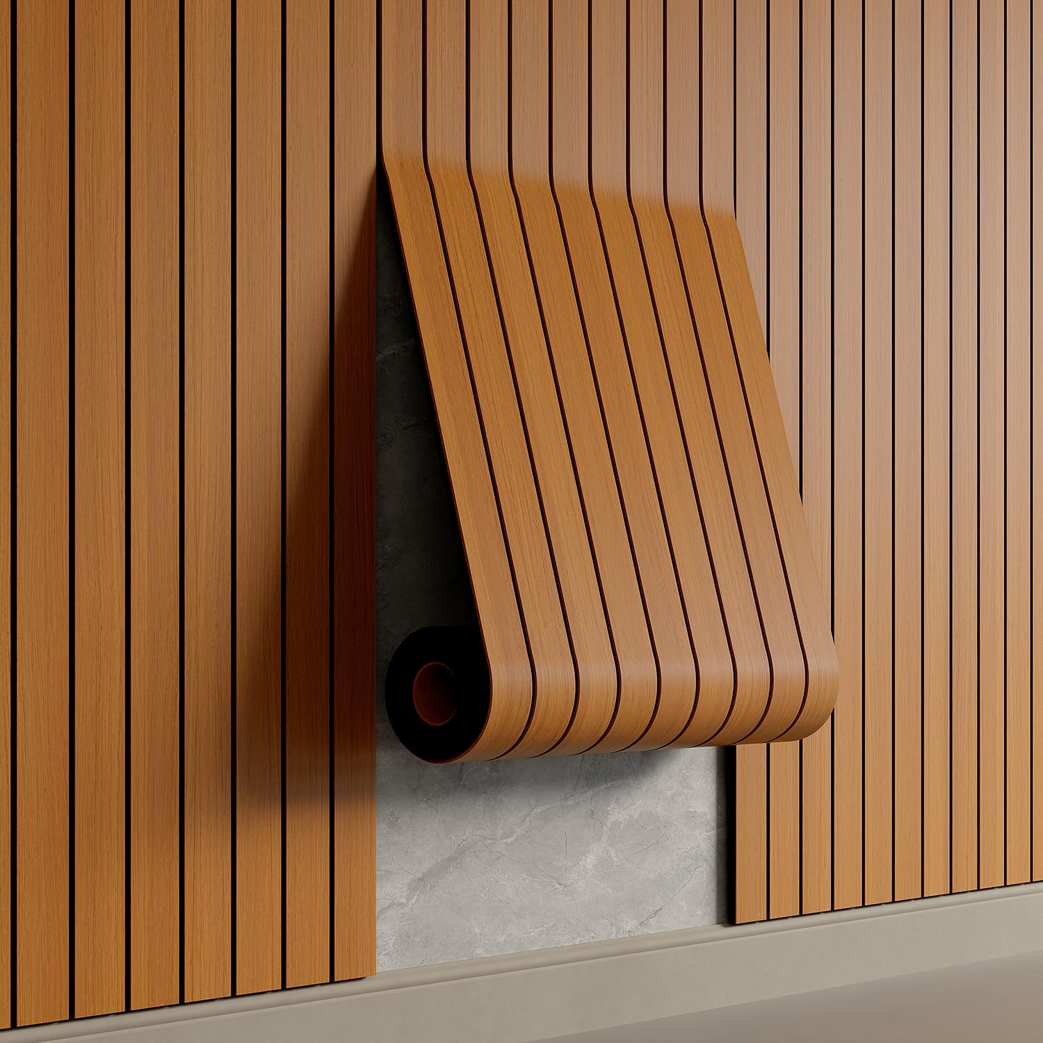 Photo 1 of YU LI 3DH Peel and Stick PVC Slat Wall Panel 236"x15.75" Self-Adhesive Thick Faux Walnut Wood Grain Wallpaper Panel 3D Soundproof Wall Panels for Walls & Ceilings