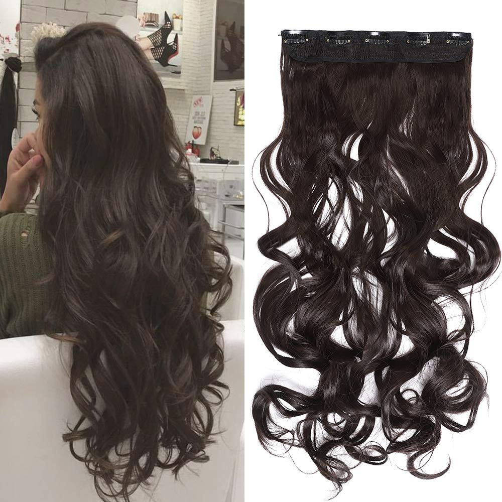 Clip in Hair Extensions 17inch Dark Brown Hairpiece Clip on Hair Extension One Piece Curly Wavy Synthetic Hair