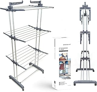 Enowva Mobiler Wäscheständer Wäschetrockner-Turm Seitenflügel auf 3 Ebenen klappbar, mit 4 leichtläufigen 360° drehbar Rollen und Davon 2 mit Feststellbremse