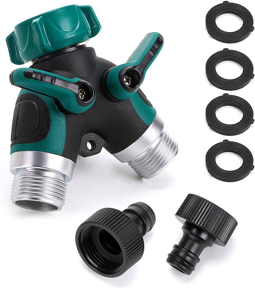 IGNPION 3/4 Inch Tap Splitter Hose Connector with Individual On/Off Valves, Outdoor Utility Garden Hose Connector, Tap Adaptor with 2 Connectors and 4 Rubber Washers (2 Way)