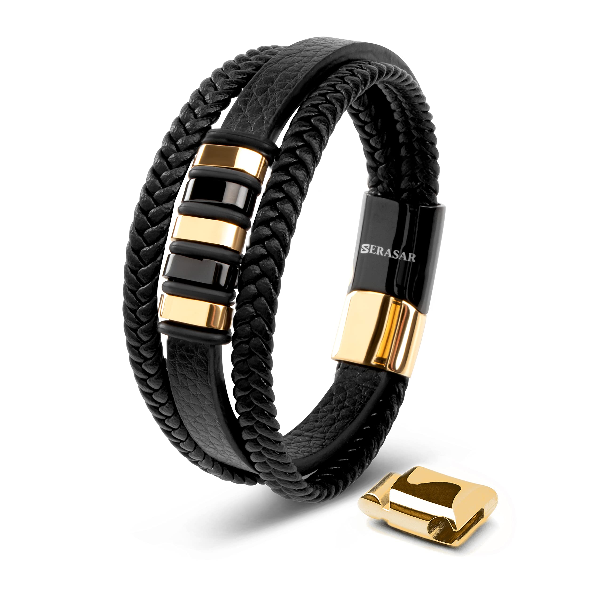 SERASAR Gold Bracelets for Men 17cm Bracelet GiftBox Genuine Leather Cowhide Braided AdjustAble Magnetic Clasp MultiLayer Wrap Rope Mans Male Band Jewelry Magnet Accessories