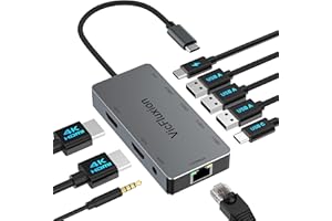 USB C 扩展坞双显示器,9 合 1 USB 集线器,带 2 个 HDMI 4K@60HZ,1 × 1000Mbps 以太网,3 × USB 3.0,1 × C 型,1 × PD 充电,1 × 3.5 毫米音频,笔记本电脑/电脑底座/ 平板电脑/W