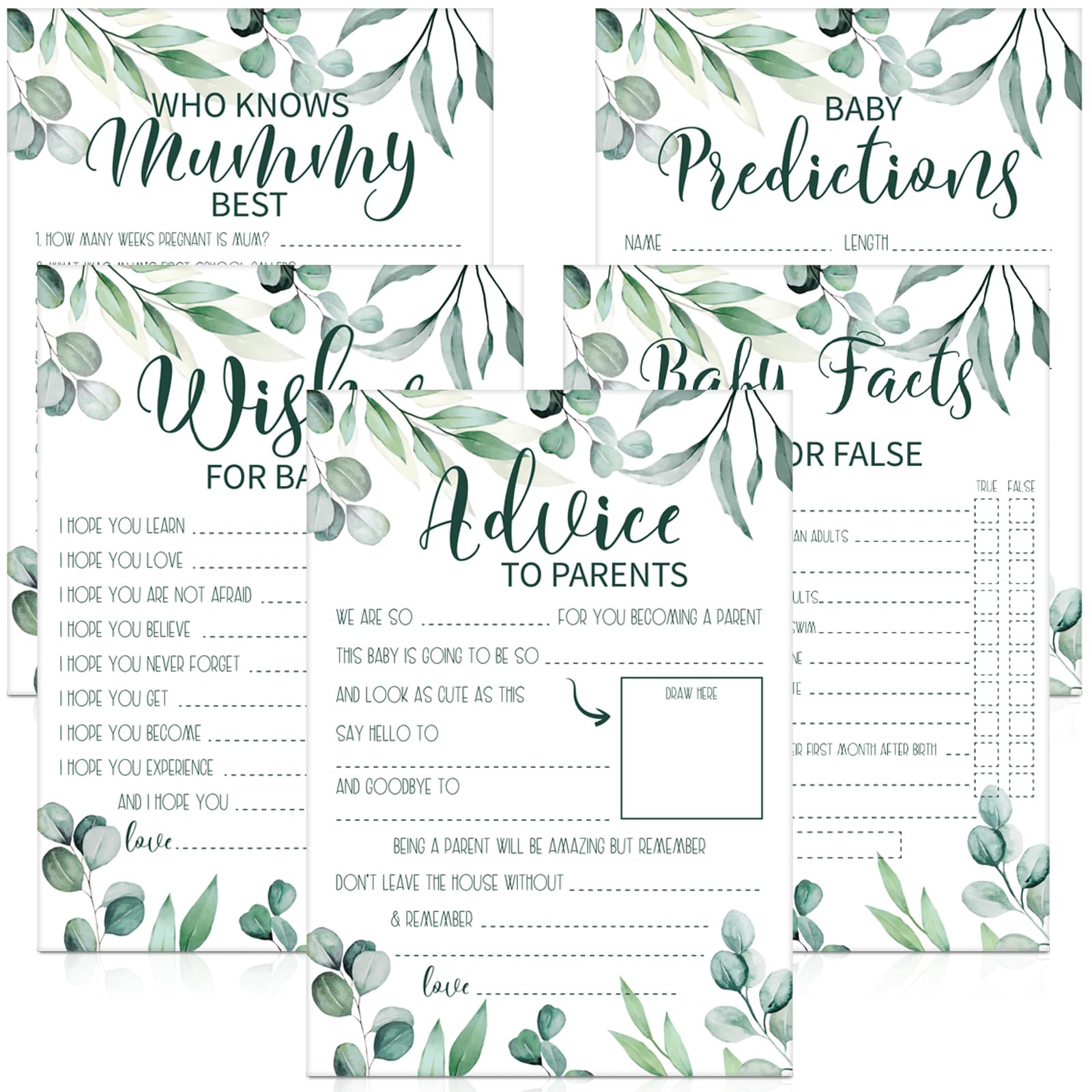 Threan 20 Sets Baby Prediction Cards Baby Shower Games for 20 Guests 5 Styles Cards Mummy to Be Gifts Gender Reveal Party Game Decorative Accessories Set for Boy and Girl(Leaf)