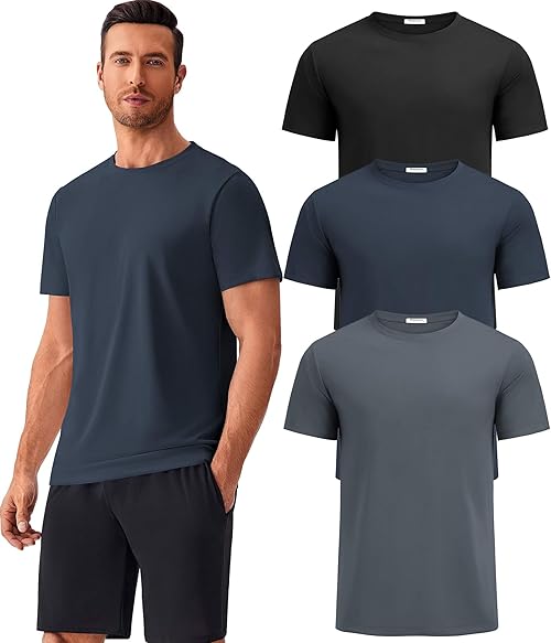 PINSPARK Men's 3 Pack Workout Shirts Quick Dry Moisture Wicking Crewneck Tee Shirt Mesh Athletic T-Shirts