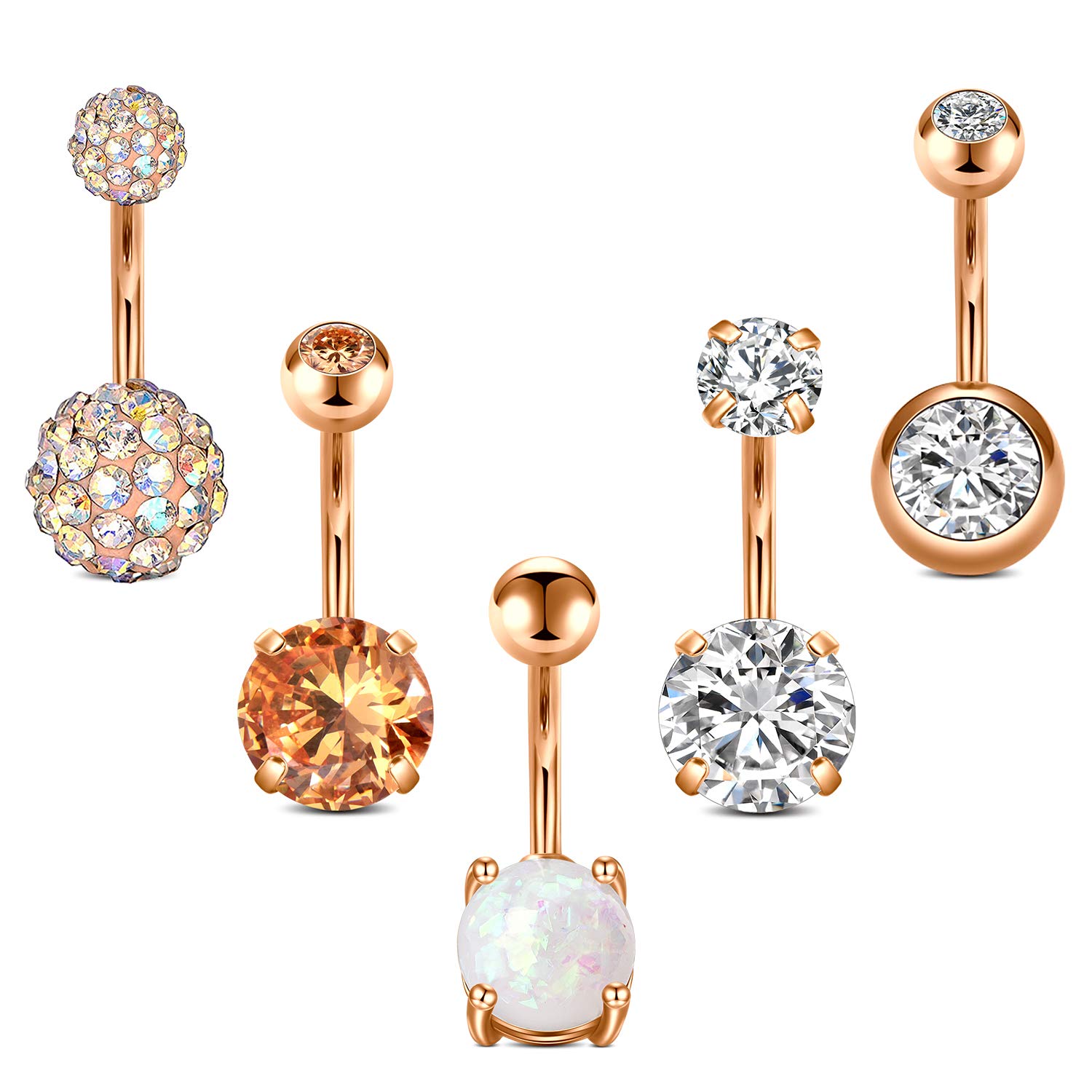 AceFun Belly Bar 14g 5Pcs Belly Rings Surgical Stainless Steel Opal CZ Navel Piercing Jewelry for Women Girls Rose Gold 10mm